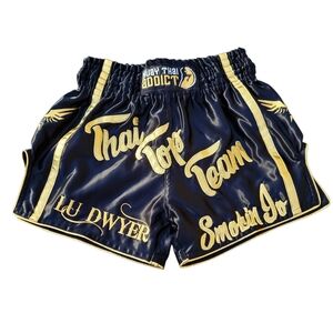 Muy Thai Addict Black & Gold Satin Trunks Nattawut "Smokin Jo" Somkuhn Sz Medium